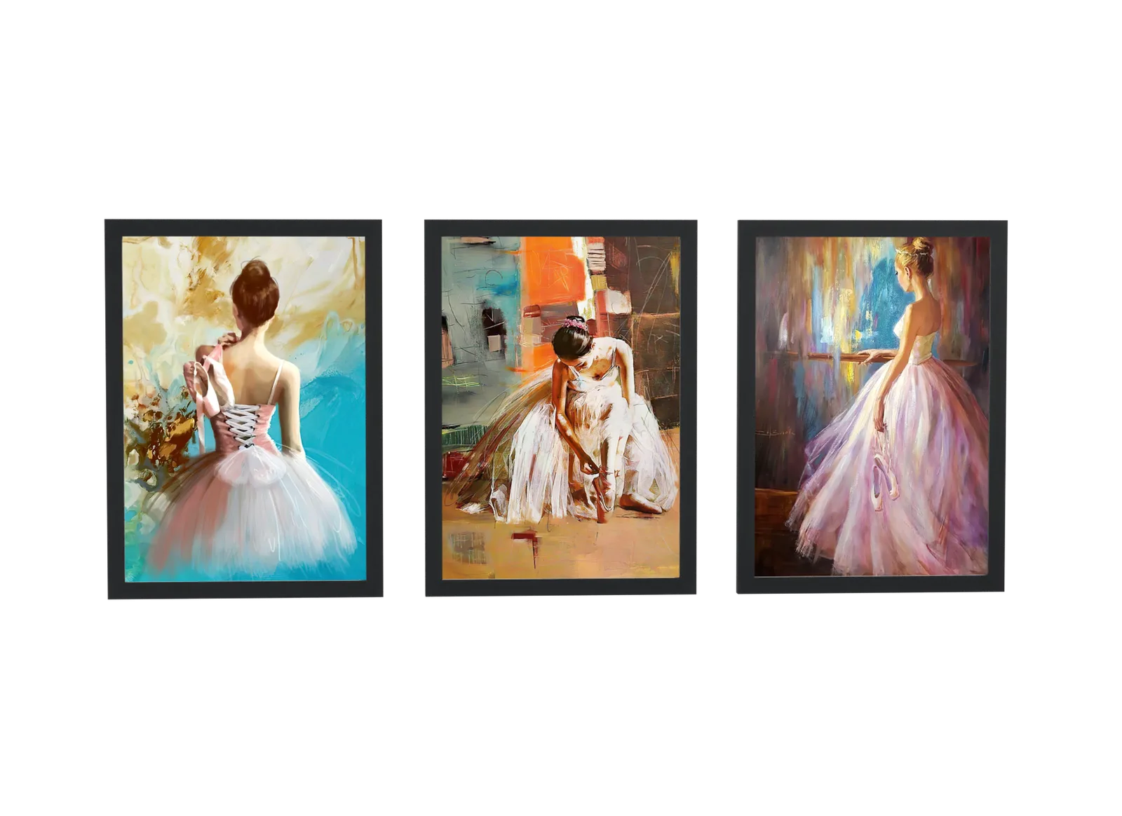Trio de bailarinas em pintura a óleo