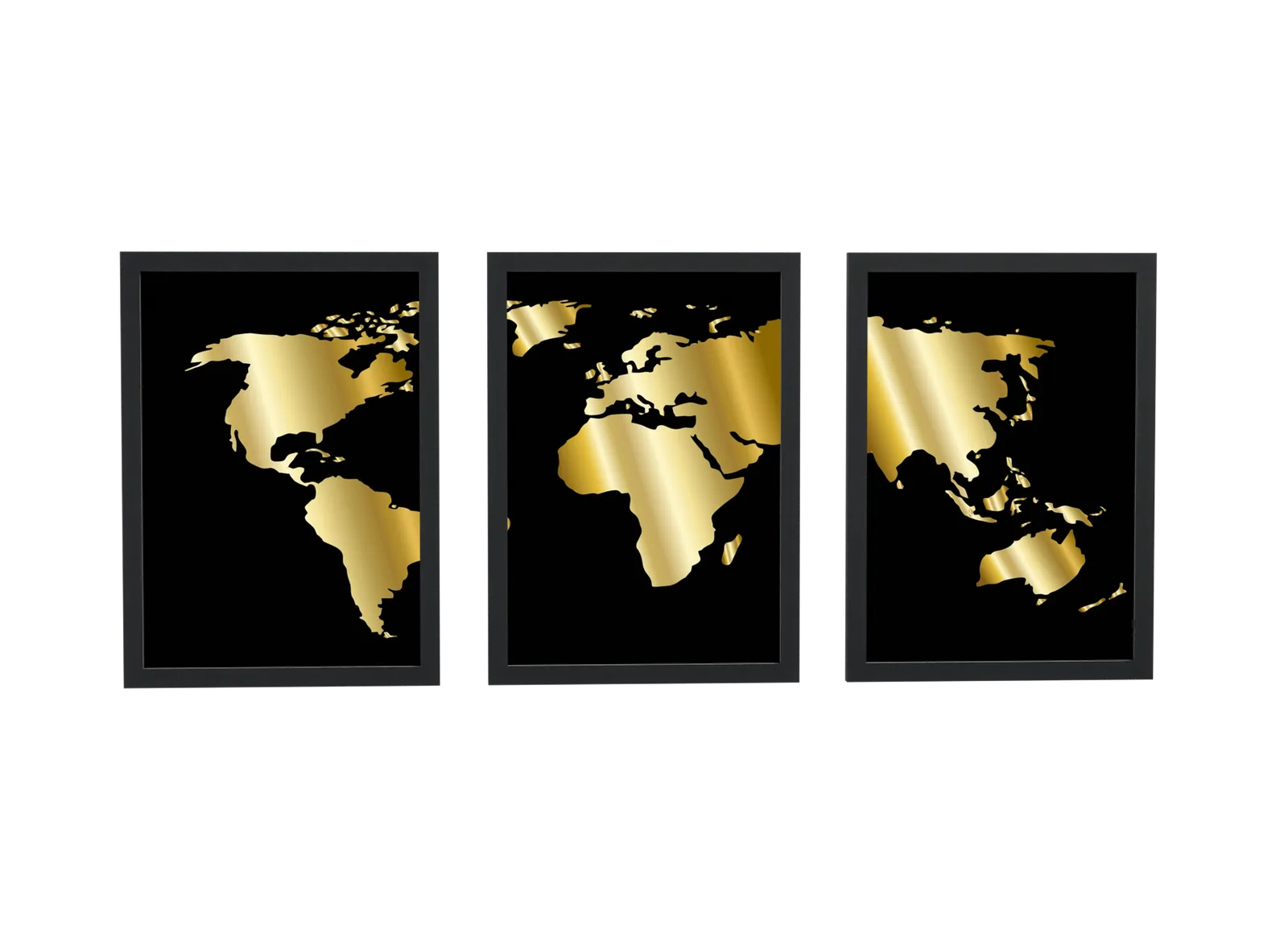 Trio de mapa-múndi dourado em preto