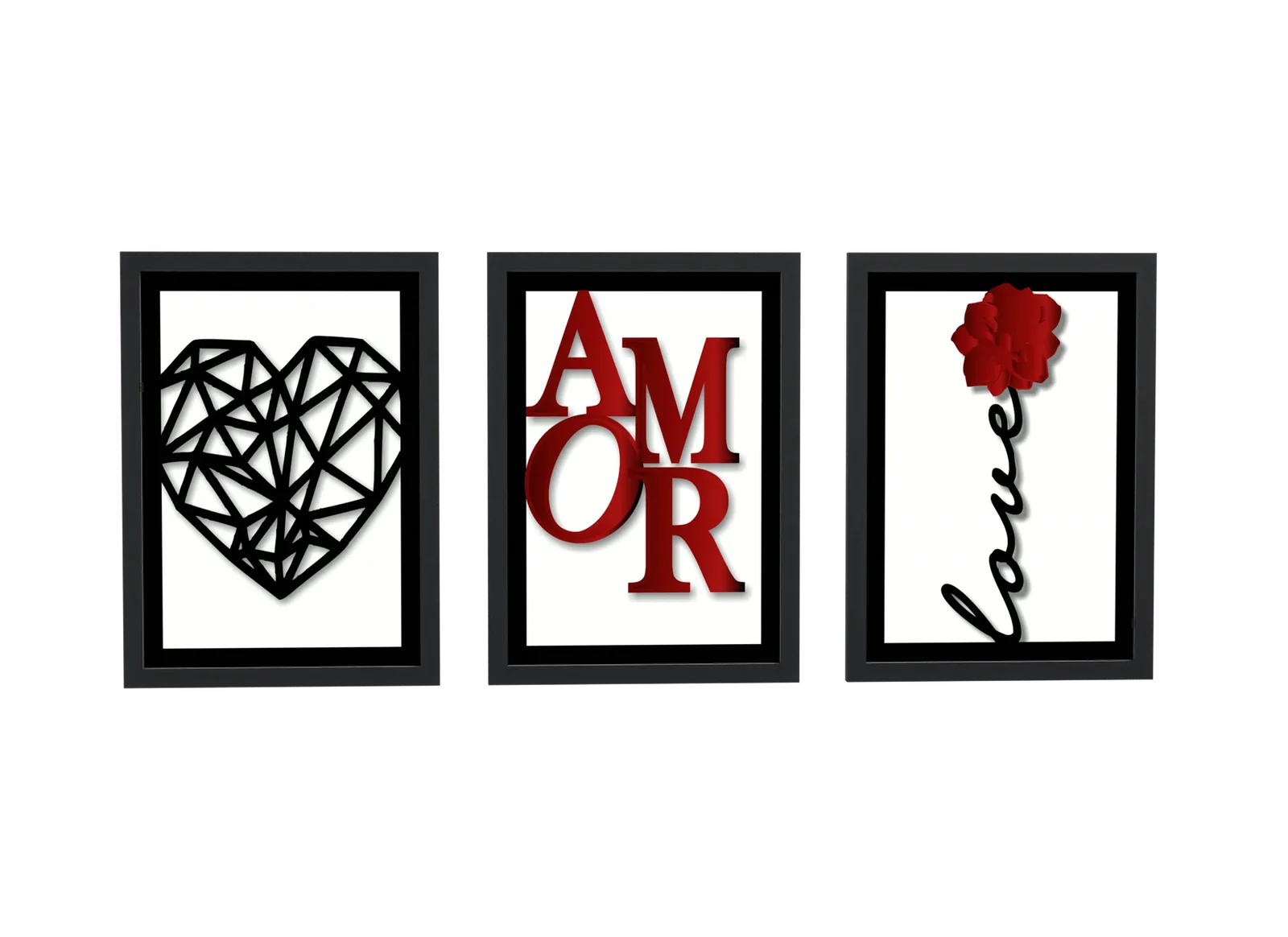 Trio preto de coração e amor em vermelho