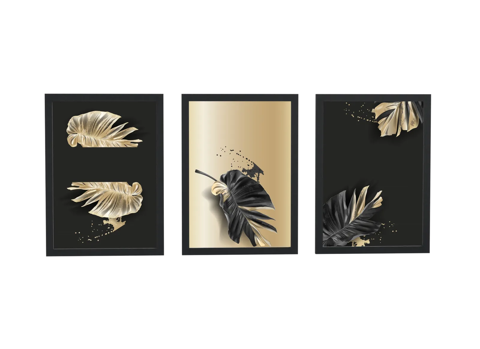 Trio de folhagem tropical em preto e dourado