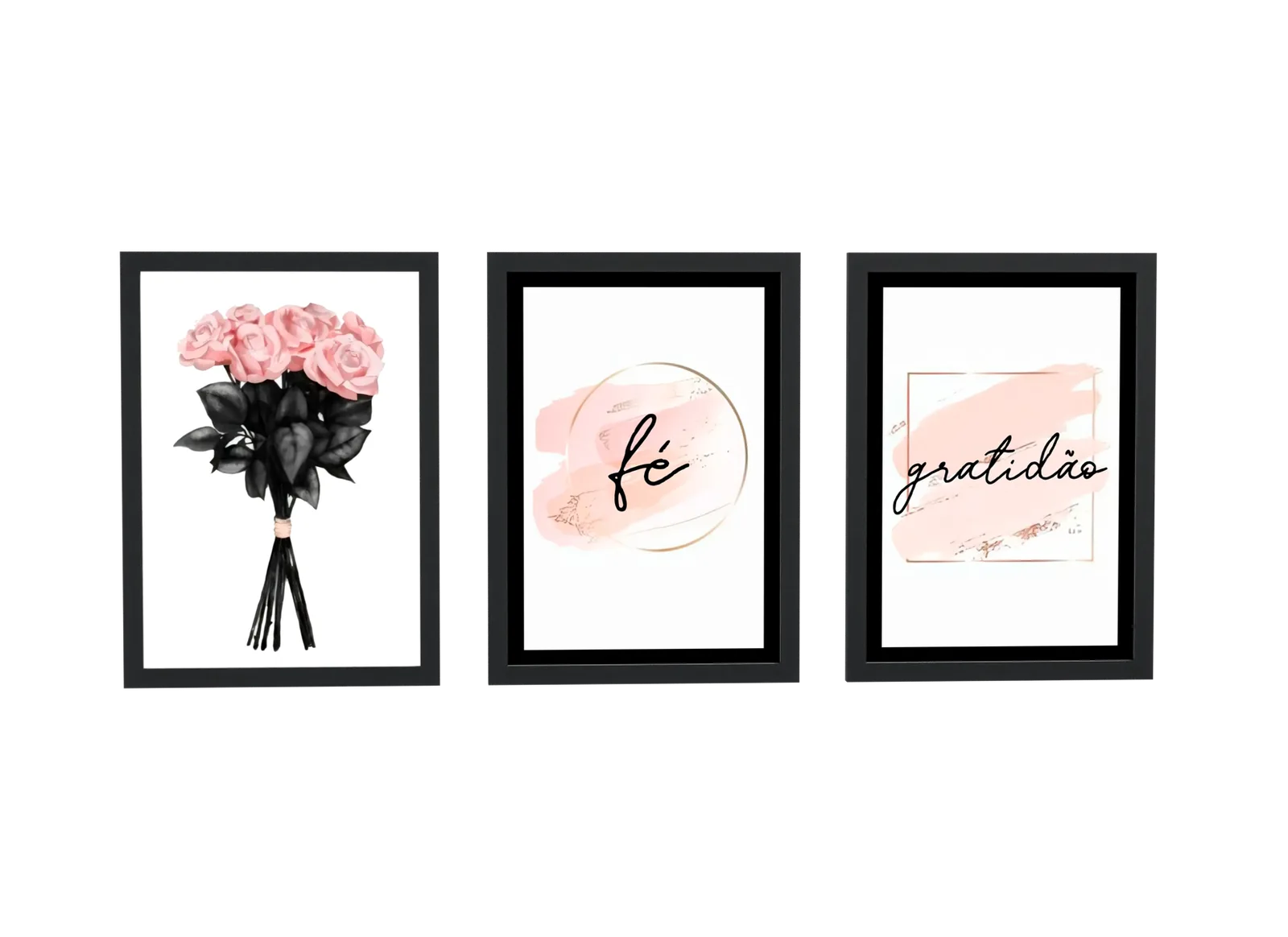 Trio de rosas com fé e gratidão em dourado