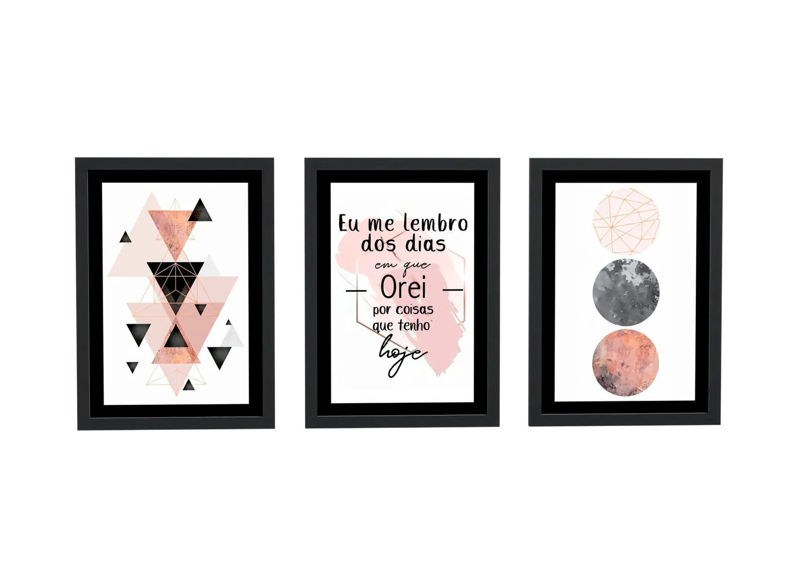 Trio preto de triângulos, frase e círculos