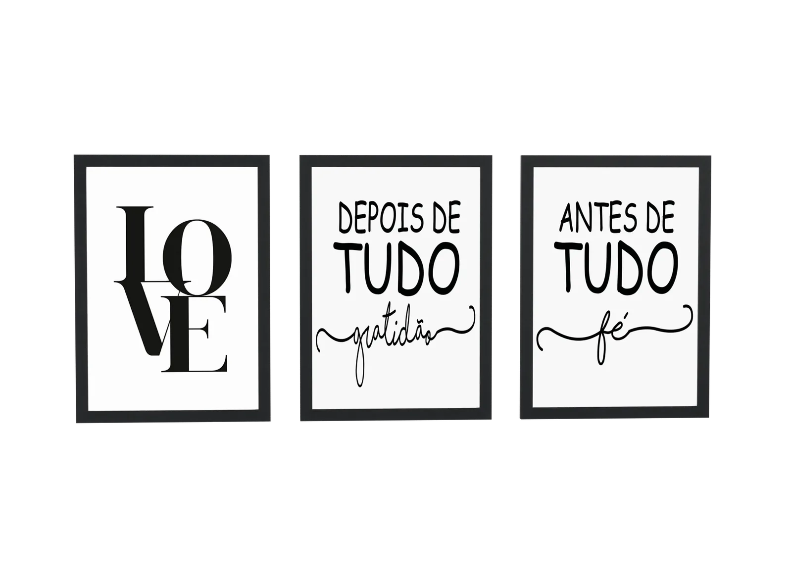 Trio de love, fé e gratidão em preto
