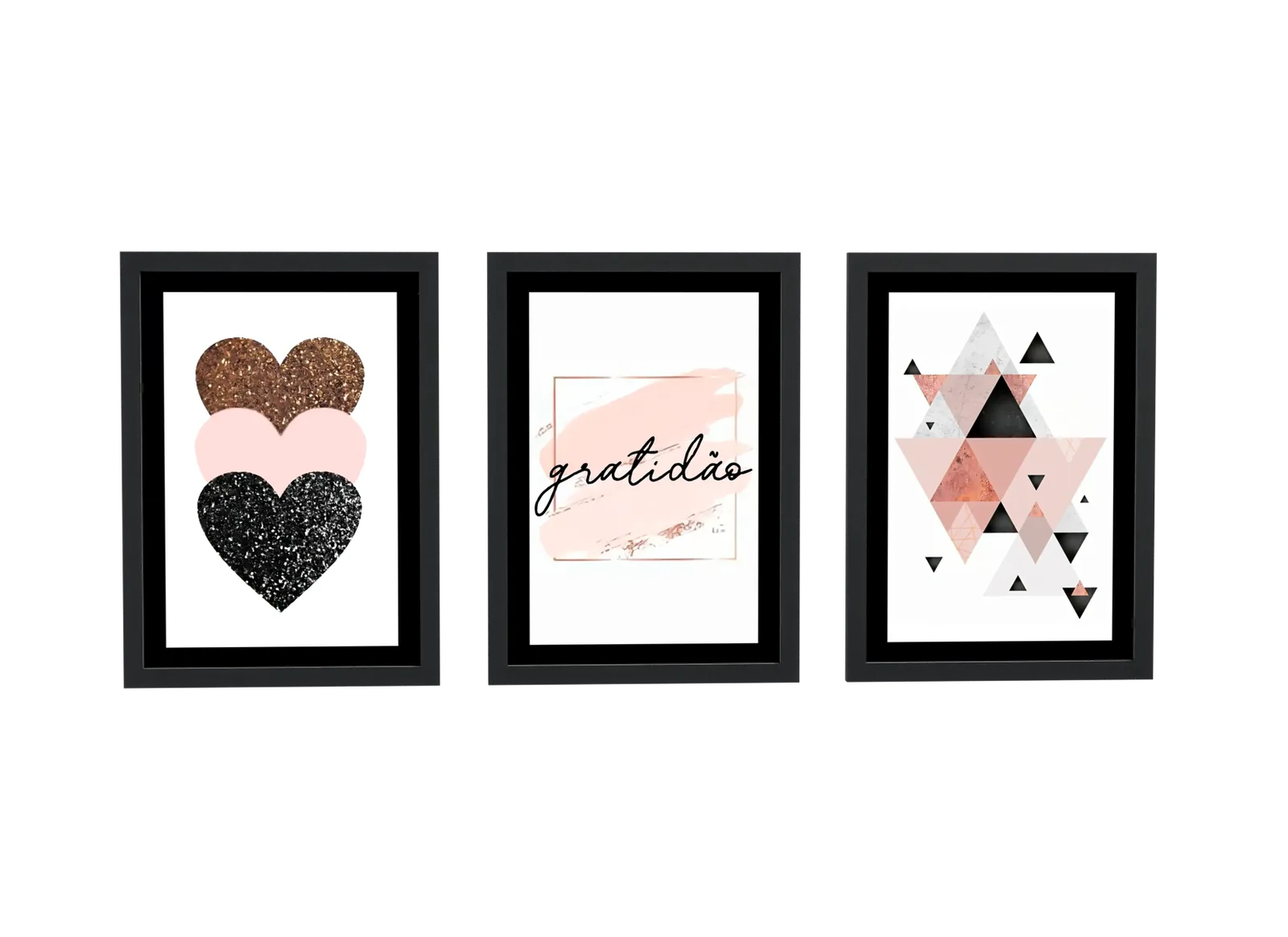 Trio preto de corações e gratidão