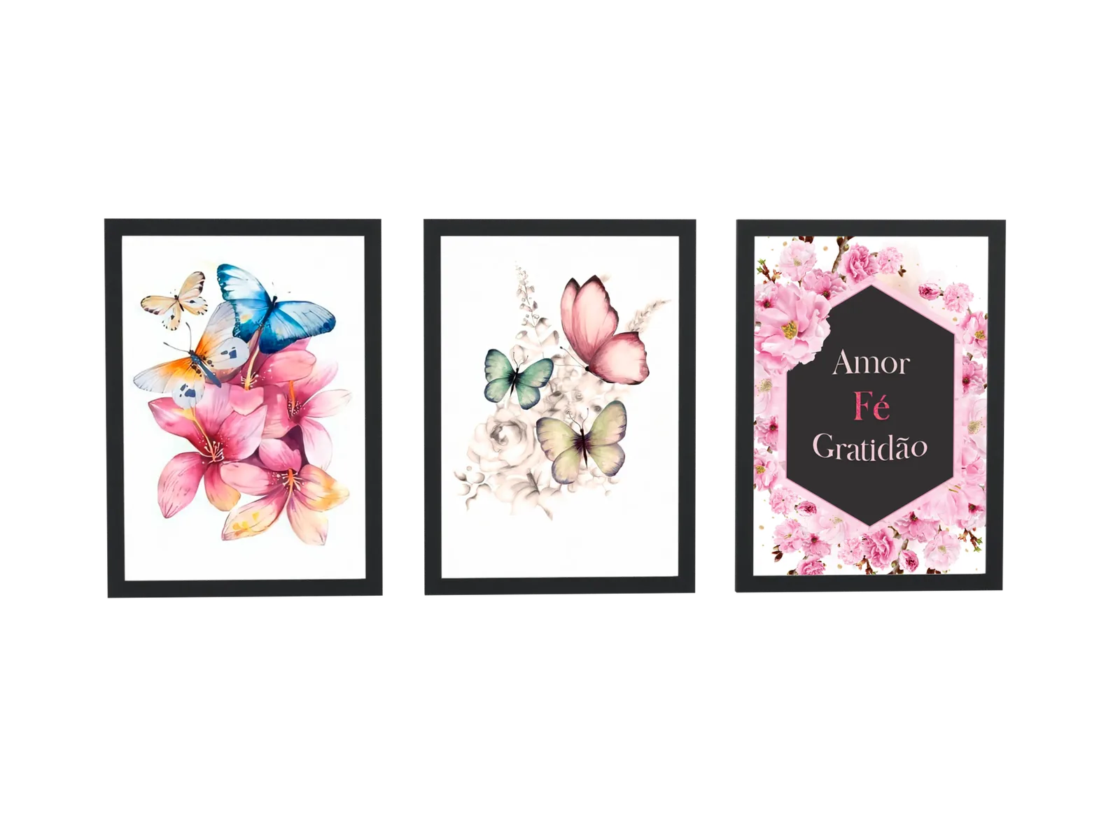 Trio de borboletas e flores com amor e fé