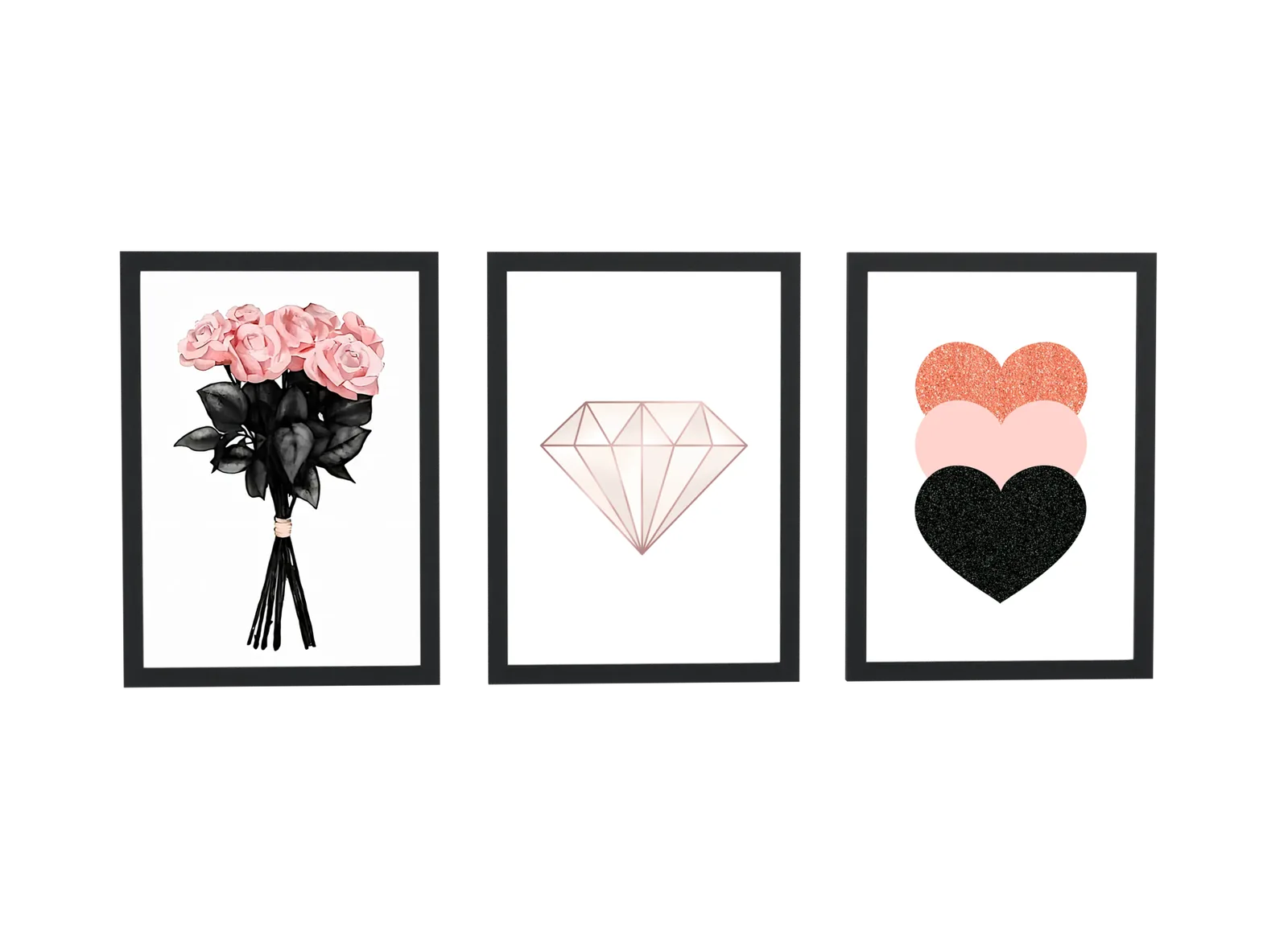 Trio de rosas, diamante e corações rosa