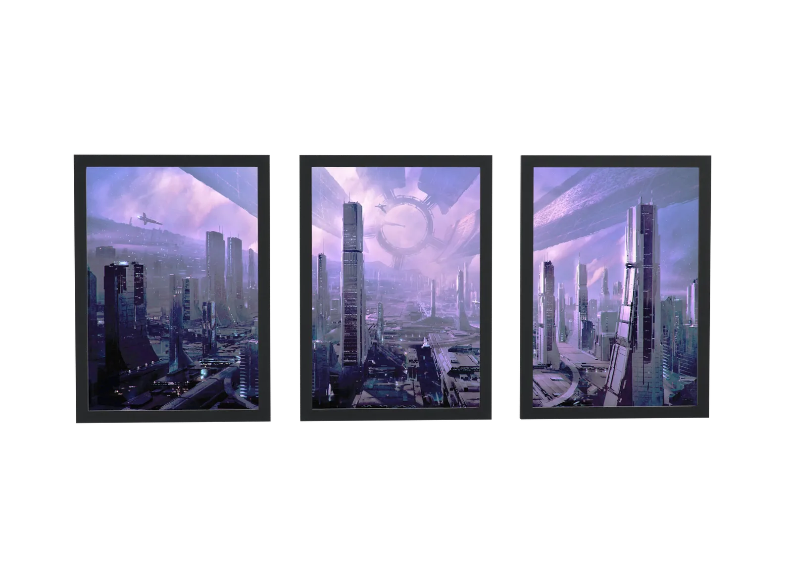 Trio futurista de cidade sci-fi em roxo