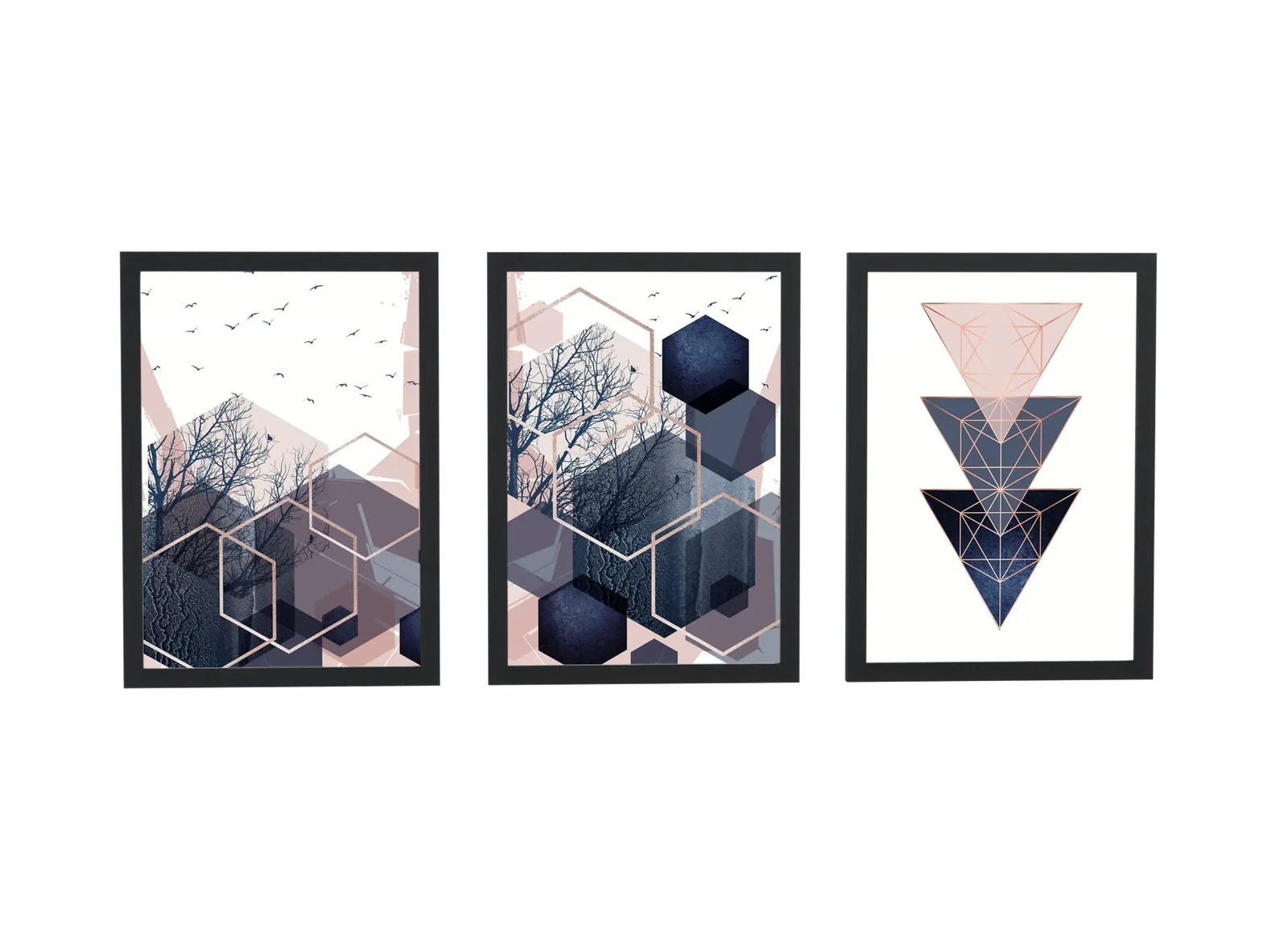 Trio geométrico de hexágonos com floresta