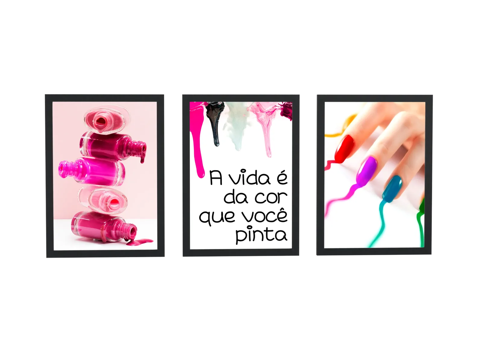 Trio de esmaltes e unhas coloridas
