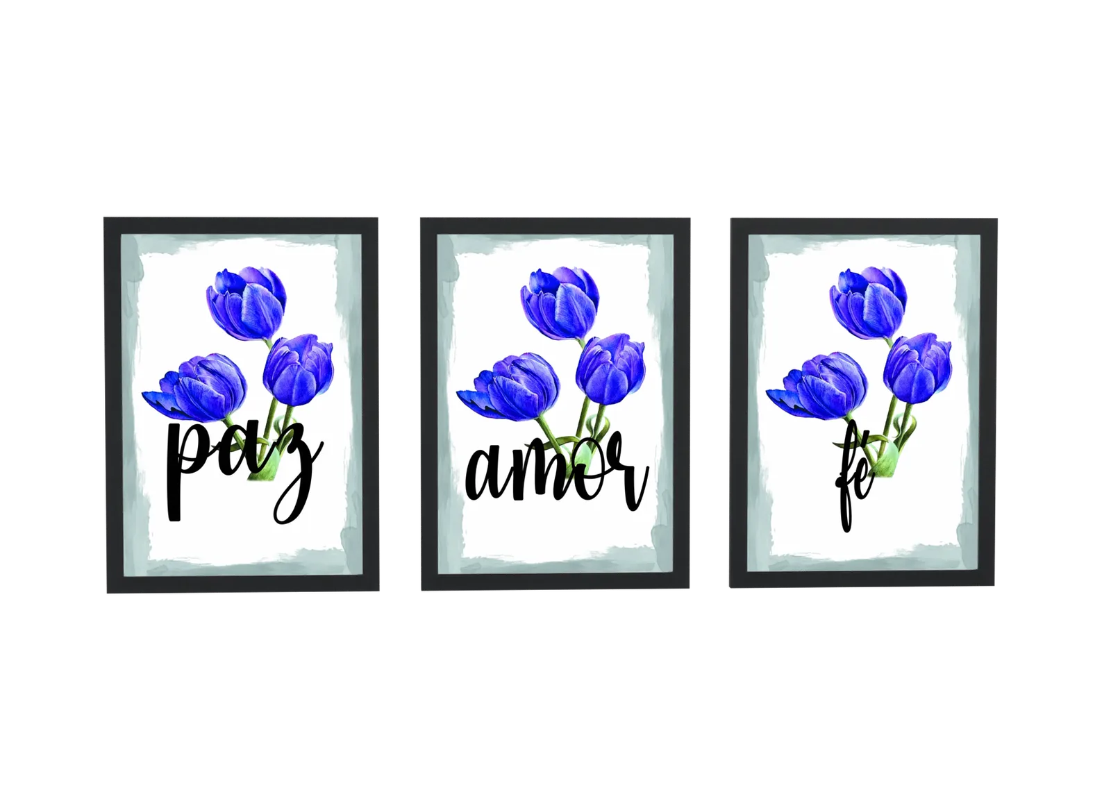 Trio paz, amor e fé com tulipas azuis