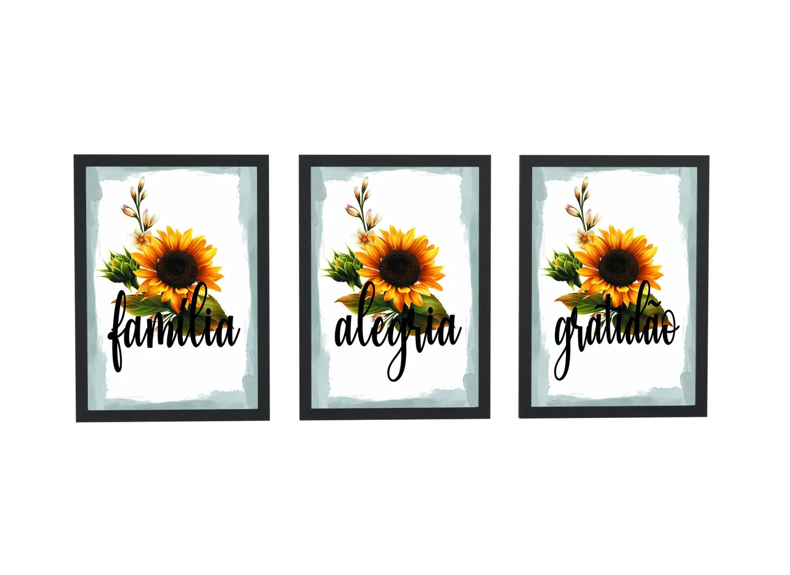 Trio família, alegria e gratidão com girassóis