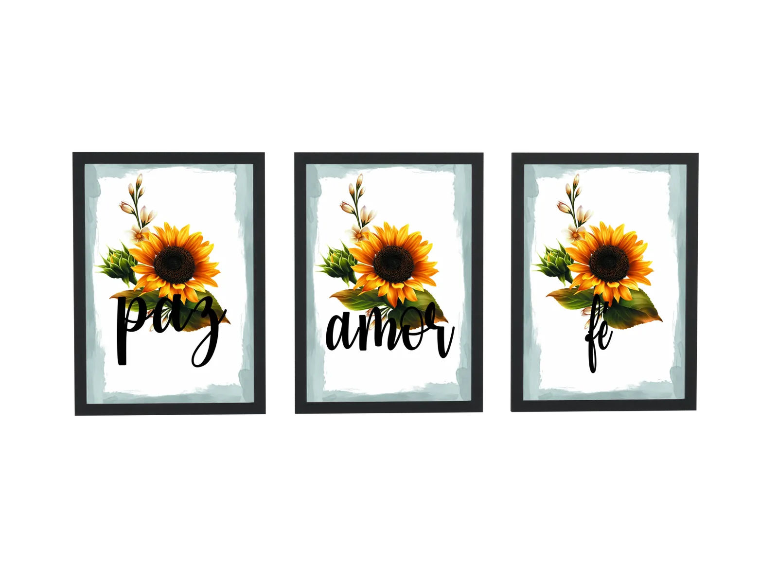 Trio paz, amor e fé com girassóis