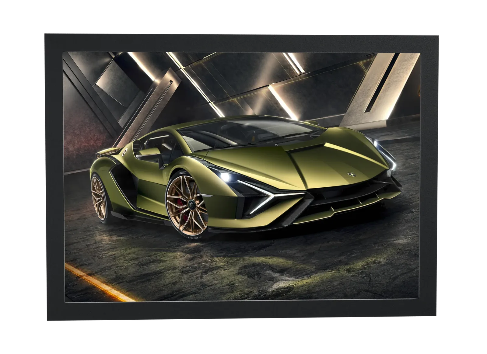 Lamborghini verde-oliva em ângulo baixo