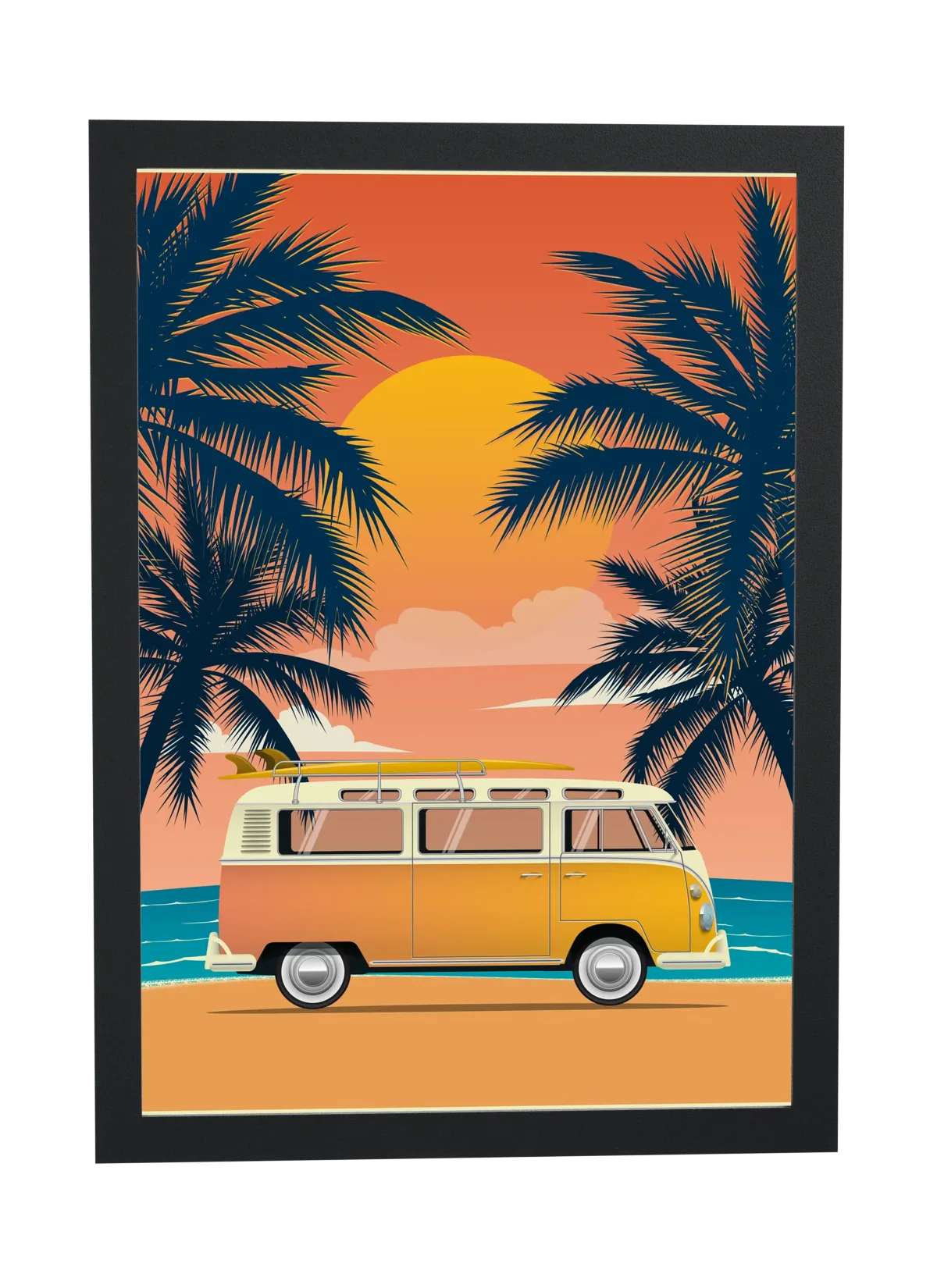 Van amarela na praia ao entardecer