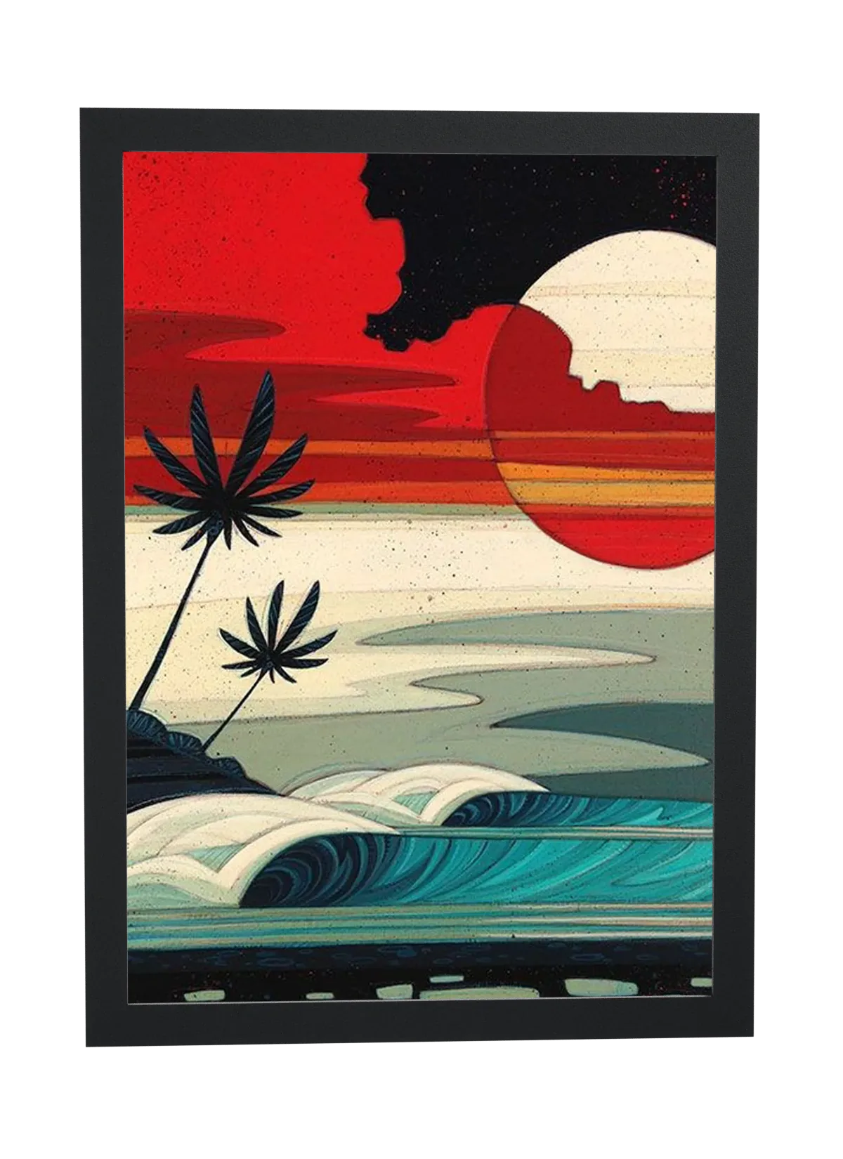 Praia retrô com sol vermelho