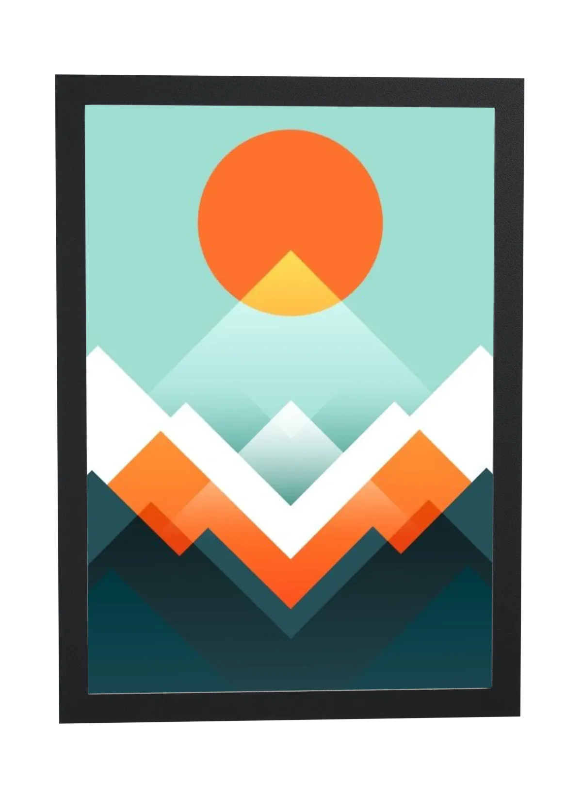 Montanhas triangulares com sol laranja