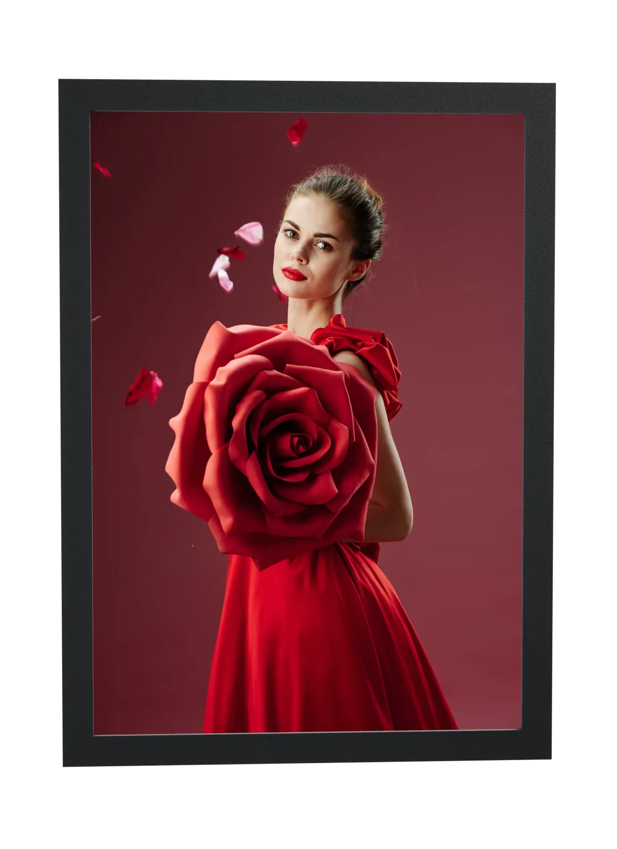 Vestido vermelho com rosa gigante