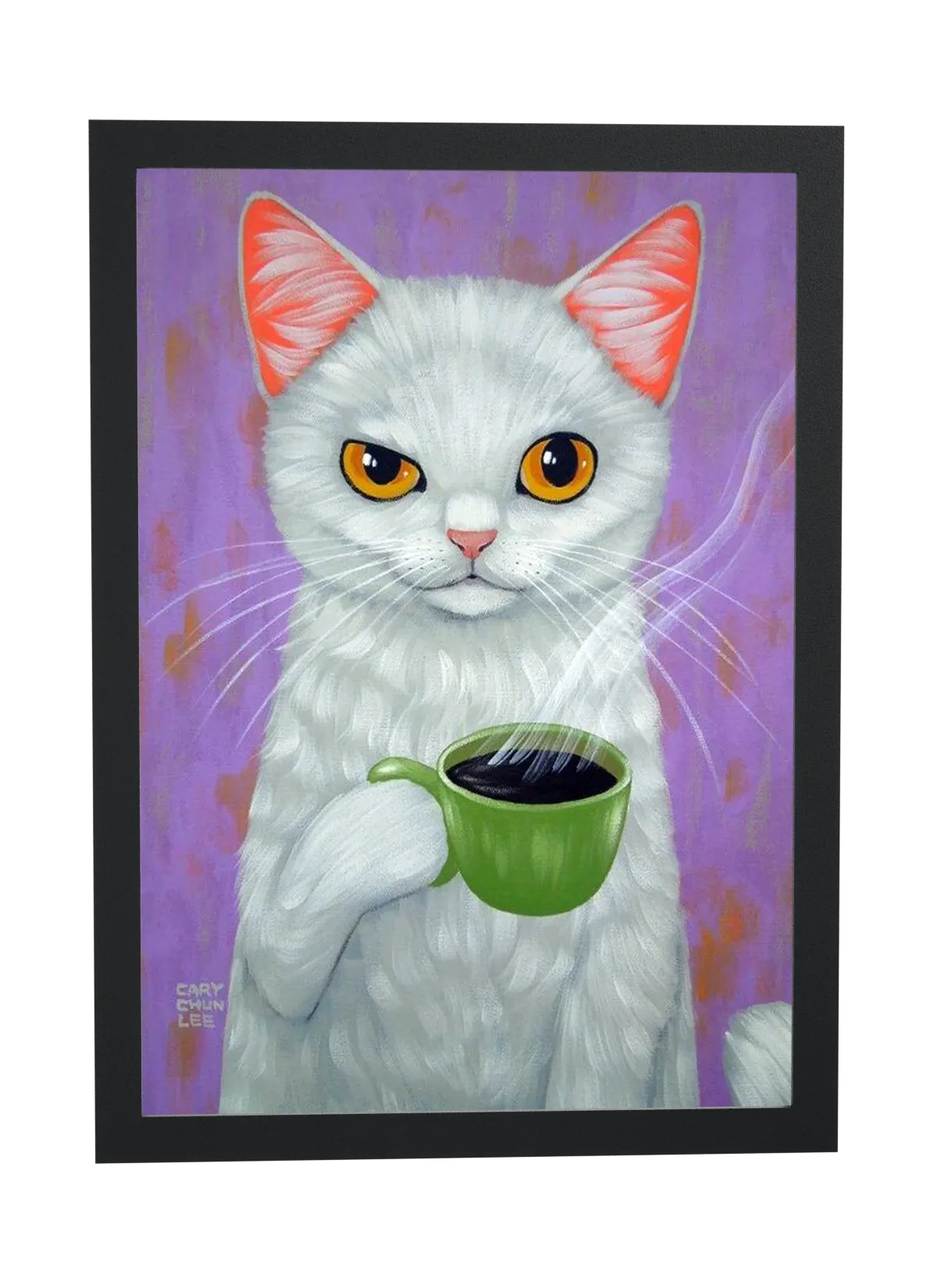 Gato branco com xícara de café
