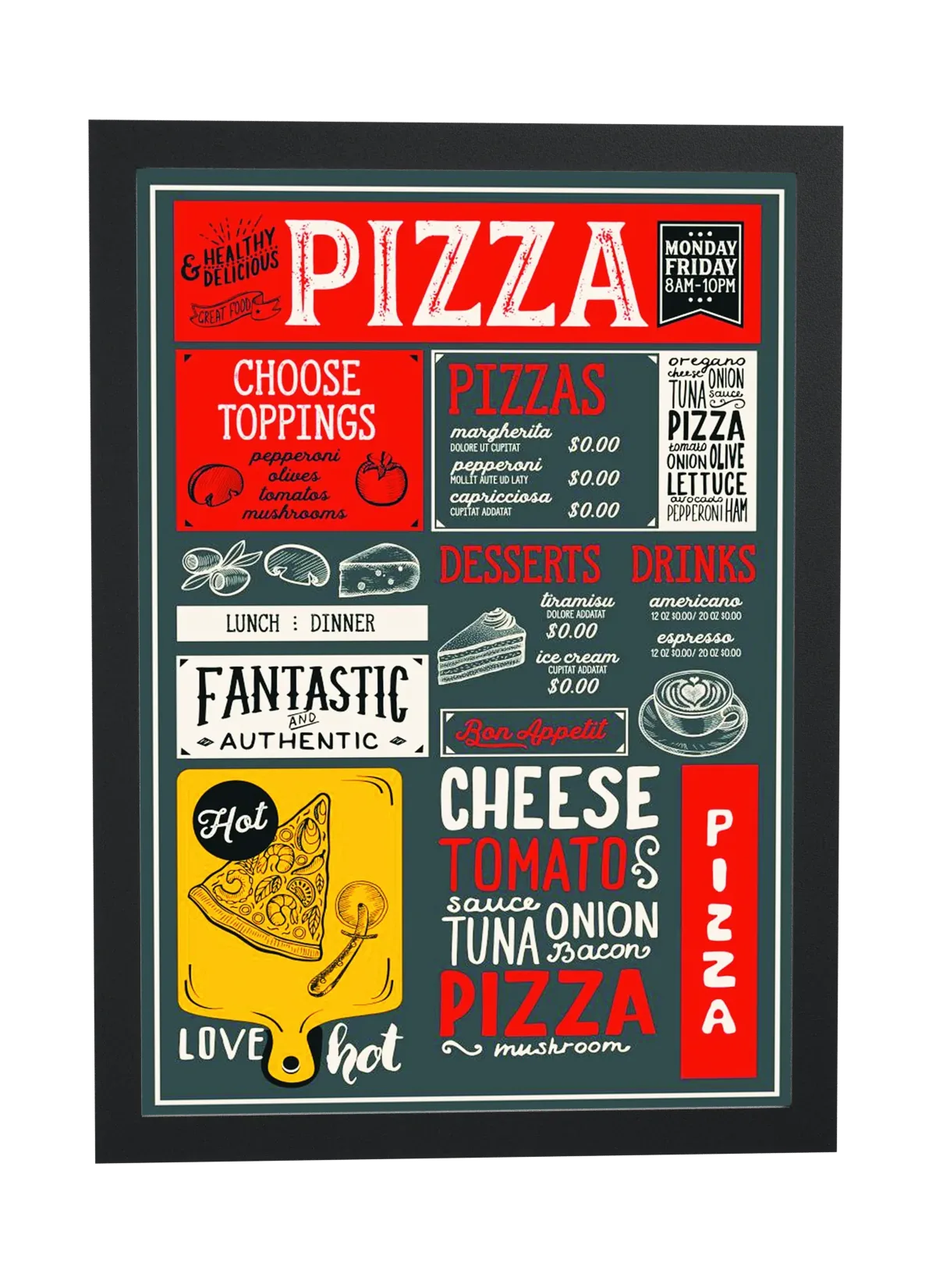 Cardápio ilustrado de pizzaria