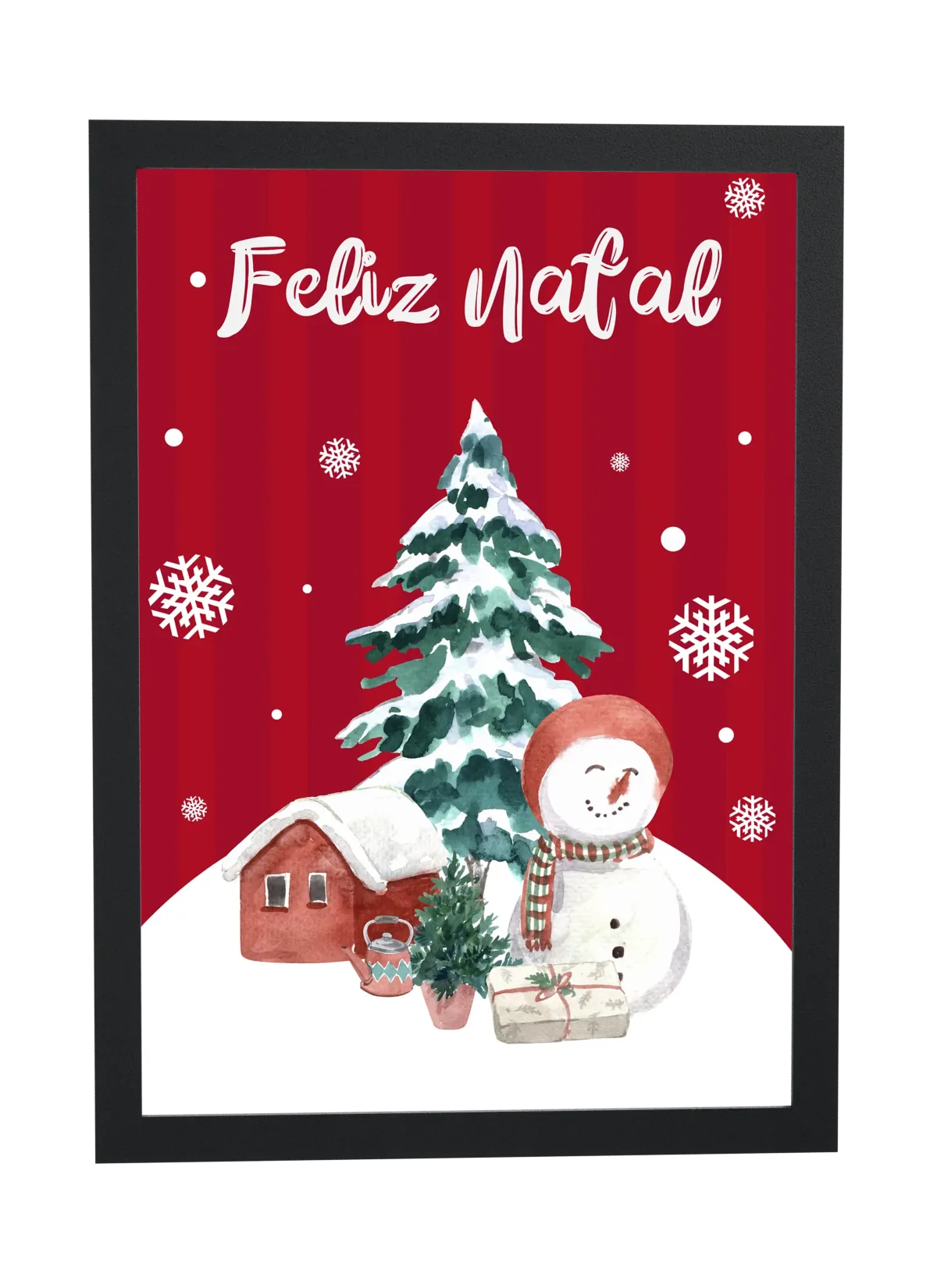 Pinheiro nevado e boneco de neve