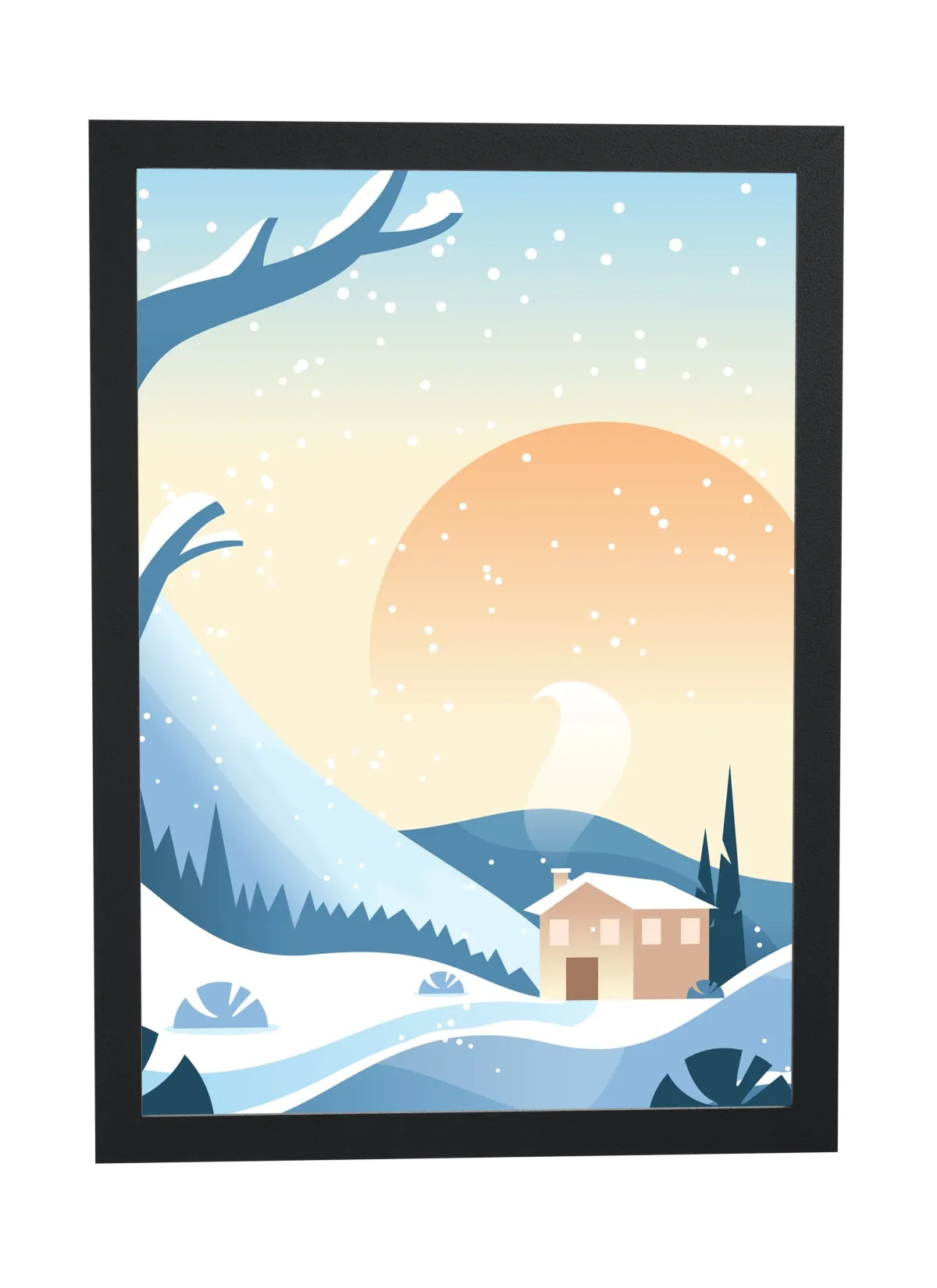Casinha na neve com sol laranja