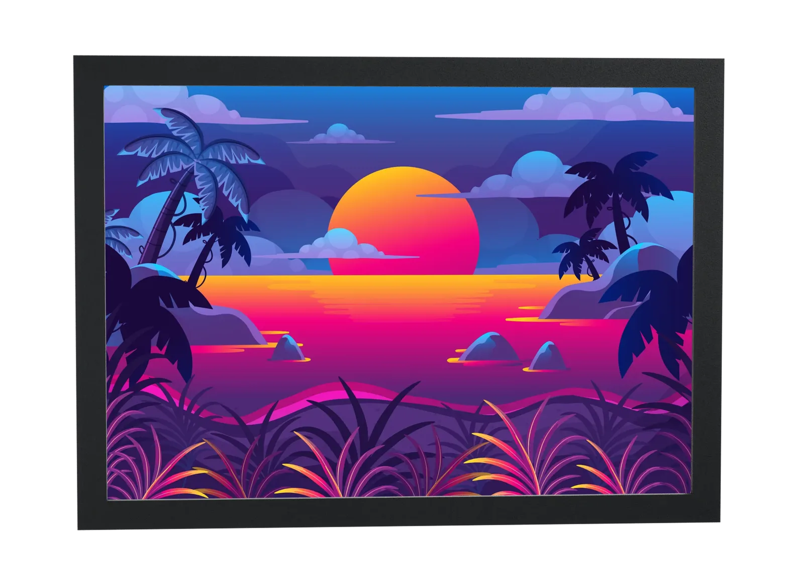Sol laranja sobre o mar magenta