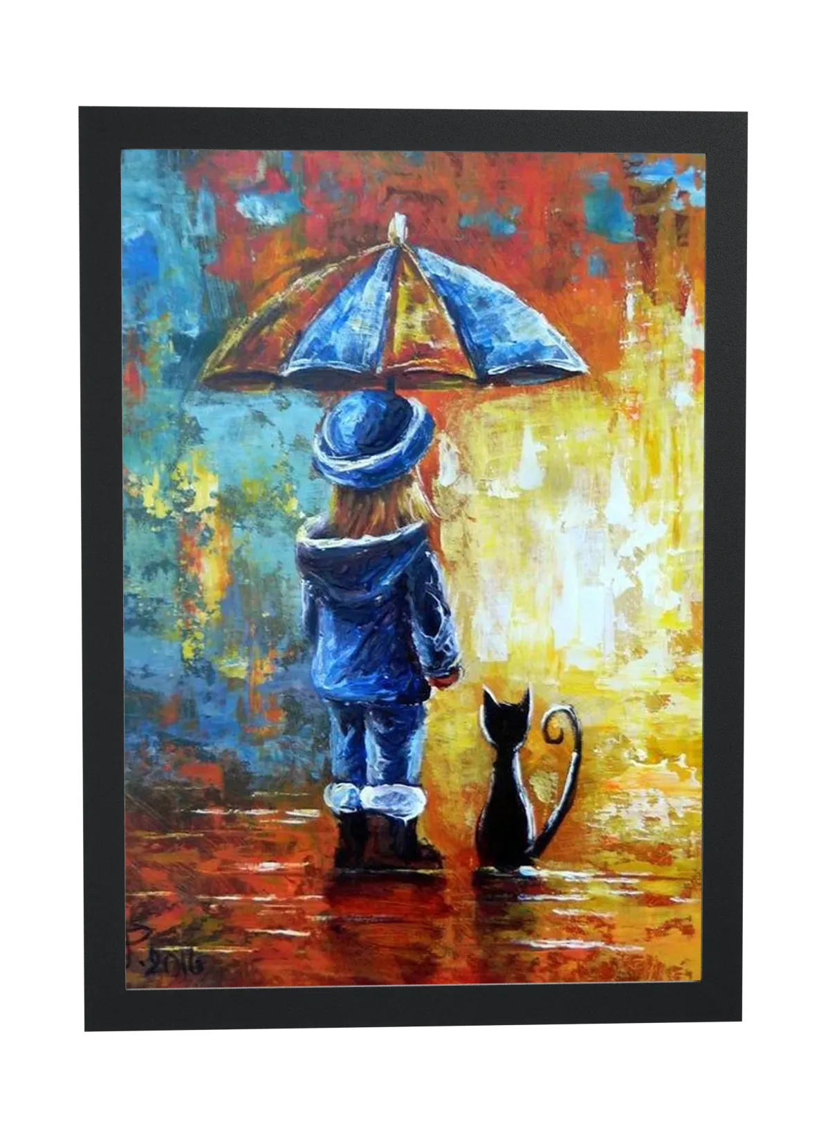 Menina de guarda-chuva com gato preto