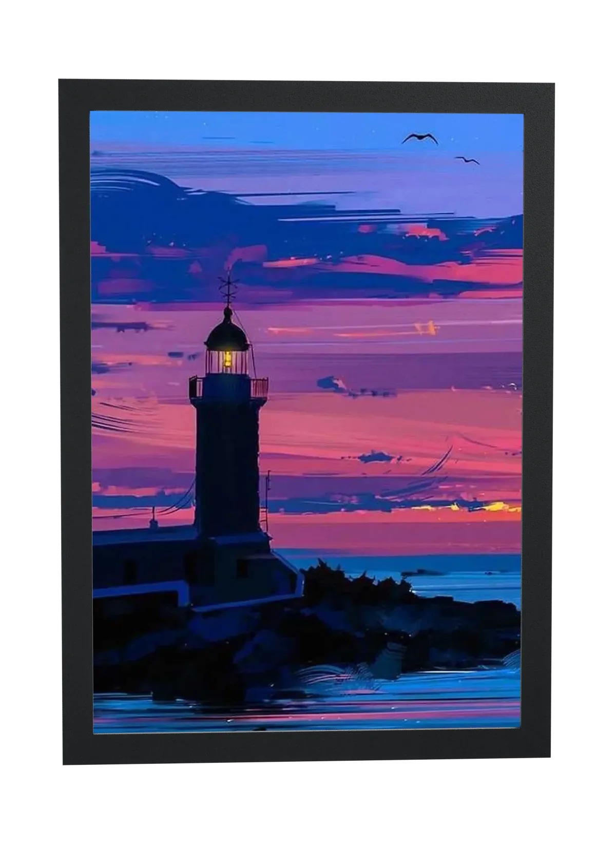 Farol aceso sob céu roxo