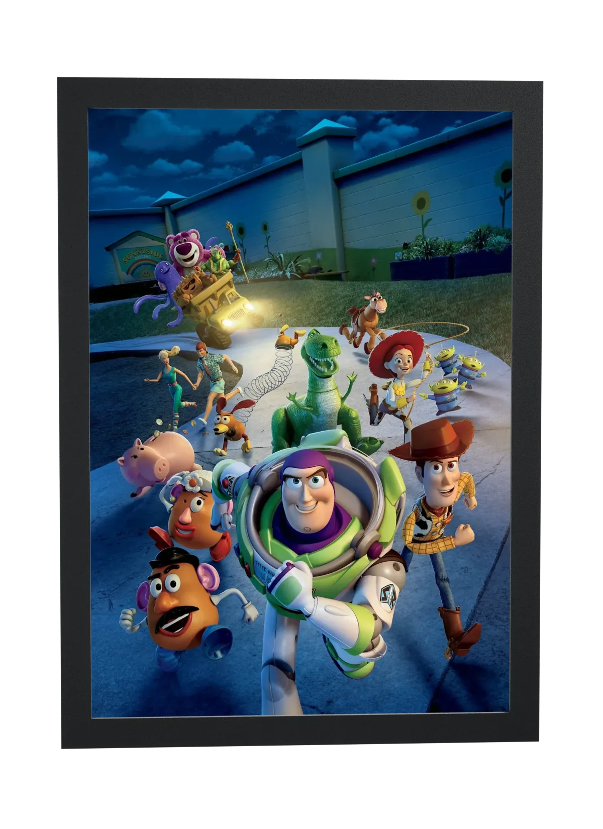 Toy Story 3 (2010): Buzz e Woody correndo com os amigos