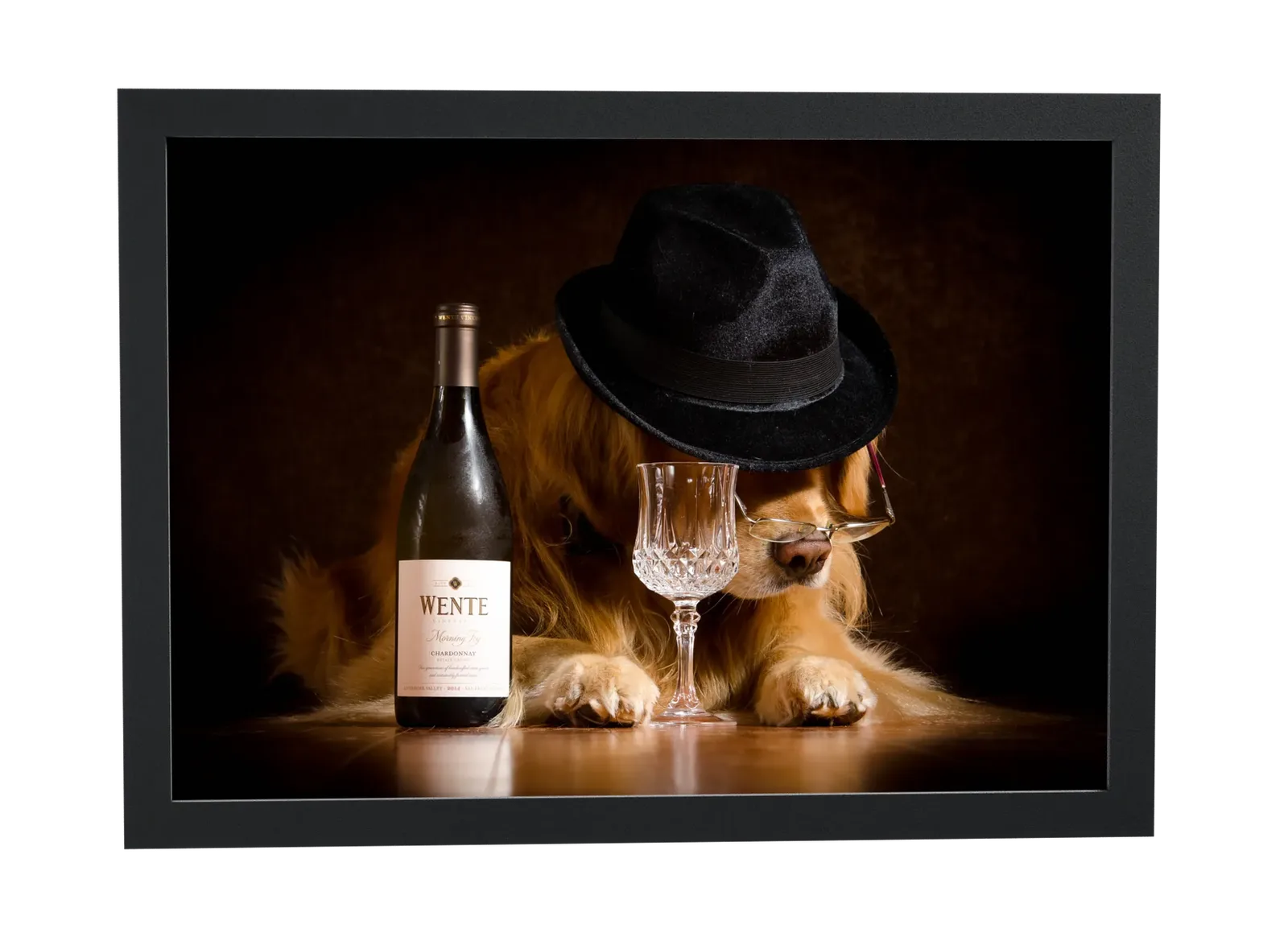 Cachorro de chapéu preto com vinho