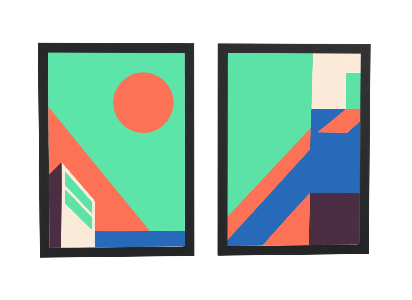 Dupla art déco em verde com sol laranja