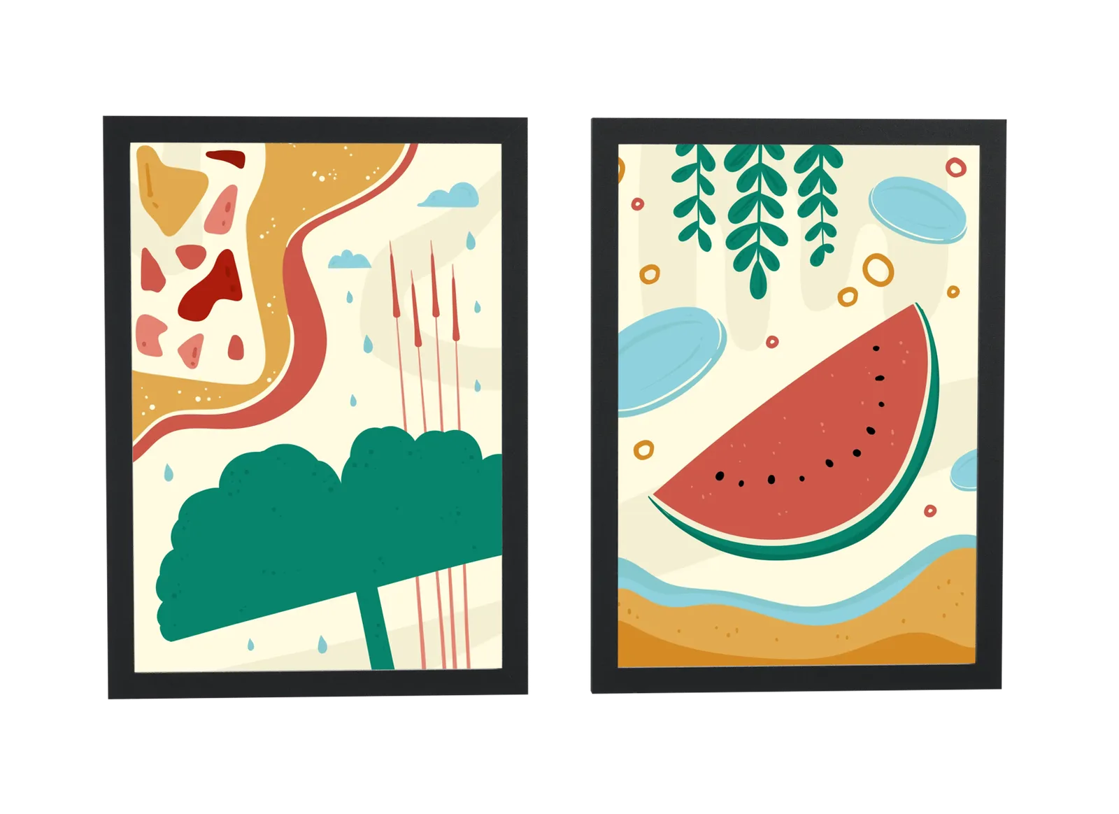 Dupla ilustrada de praia e melancia