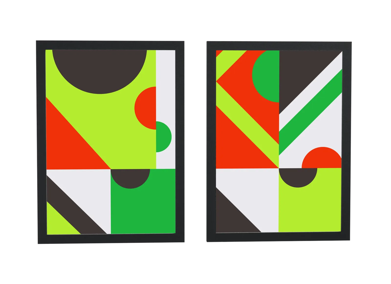 Dupla geométrica em verde-limão e vermelho