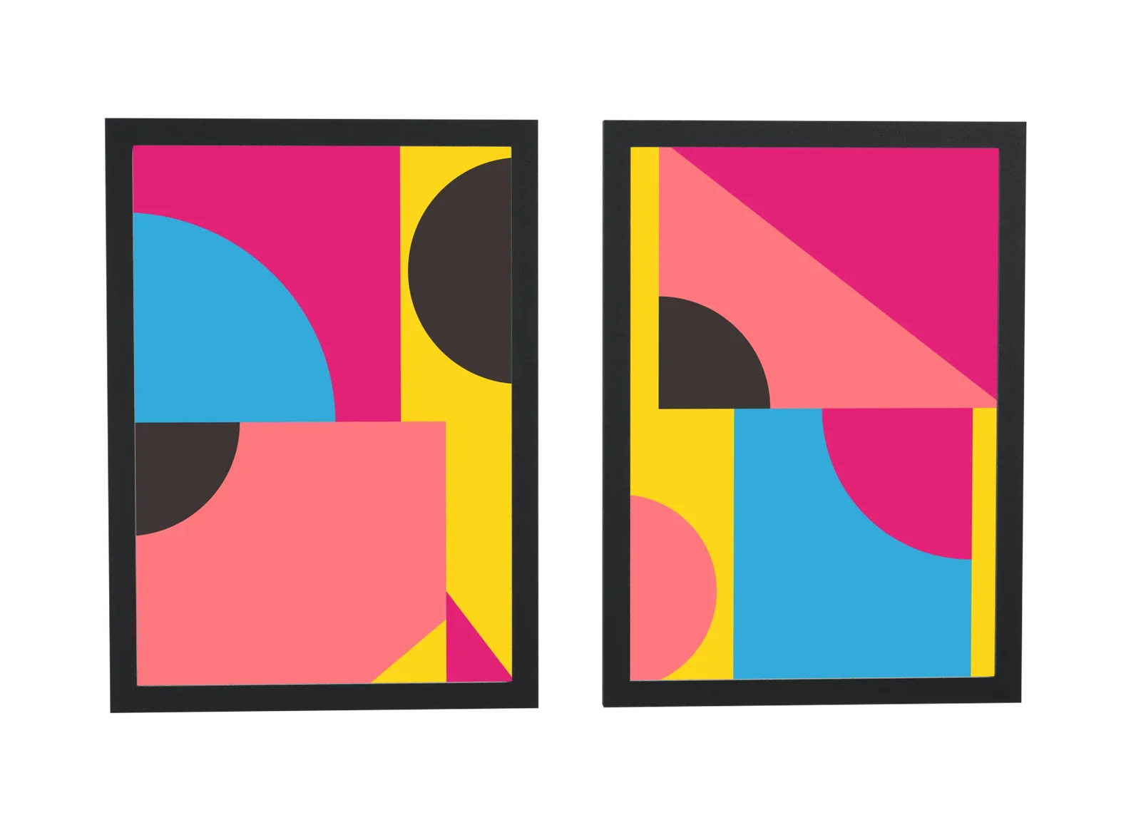 Dupla geométrica em rosa-choque e amarelo