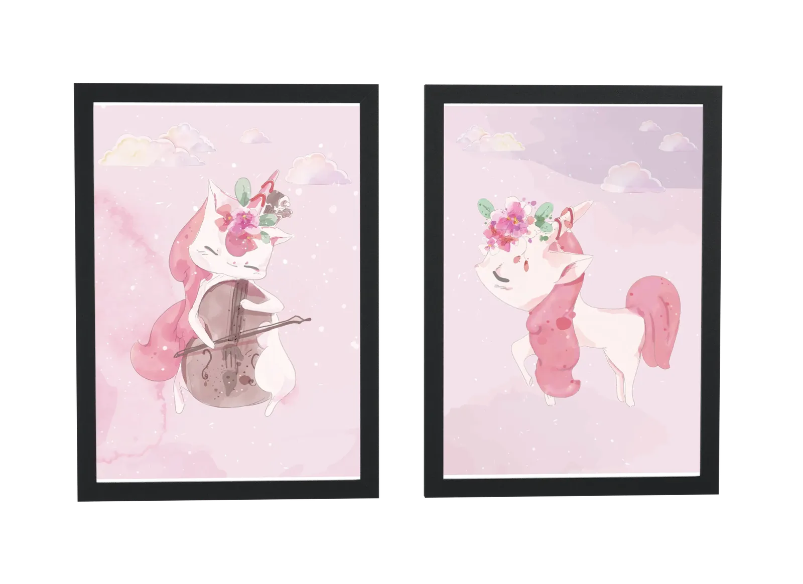 Dupla de unicórnio e violoncelo em aquarela