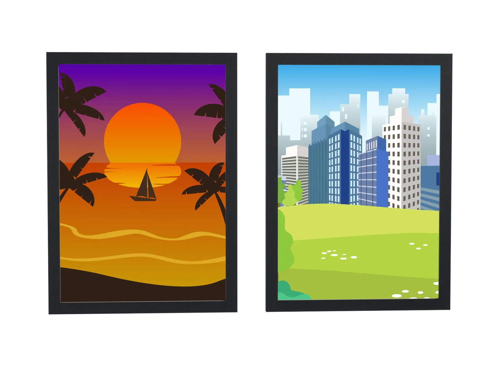 Dupla de praia tropical e skyline da cidade
