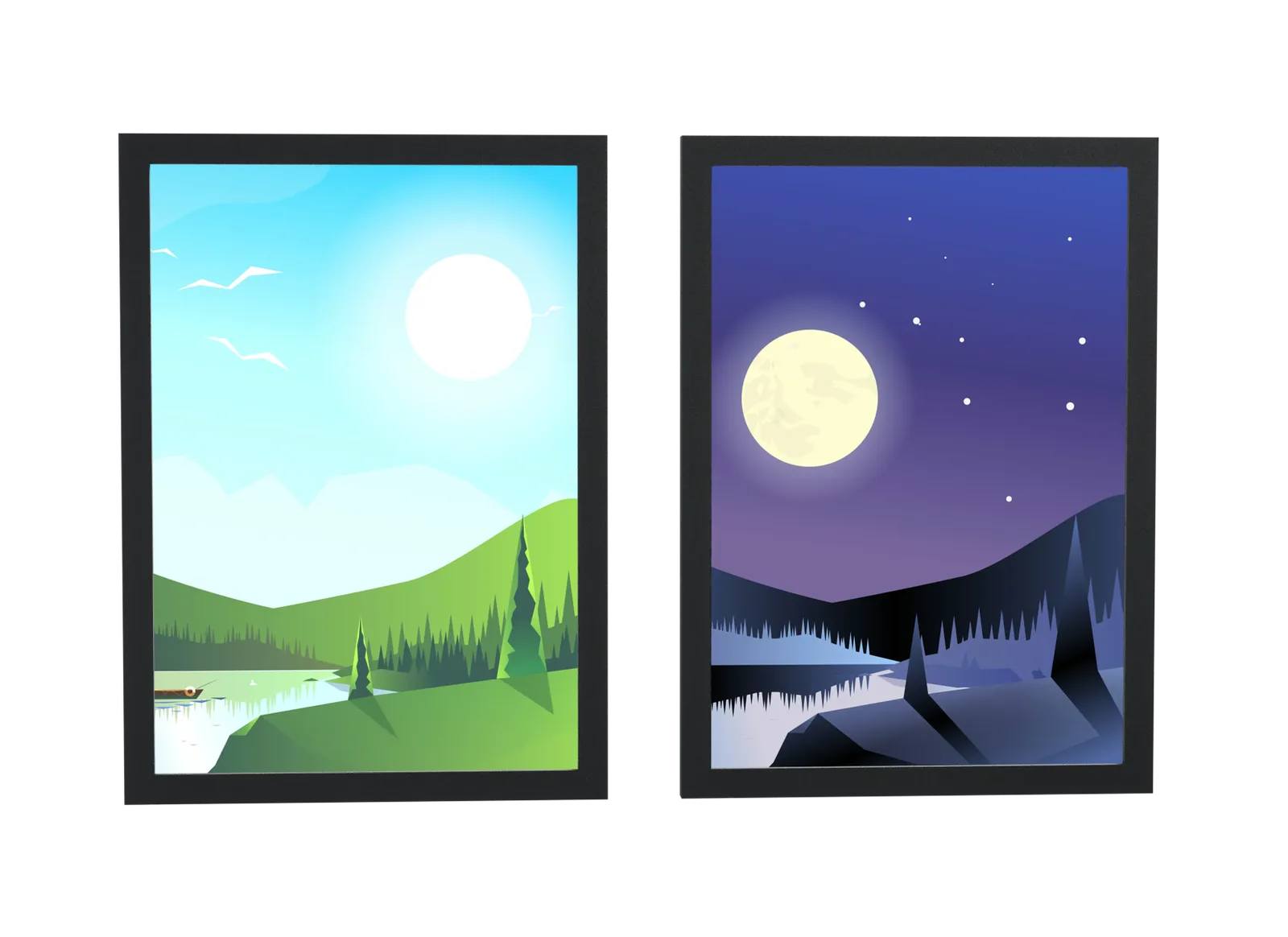 Dupla de paisagem dia e noite com lua cheia