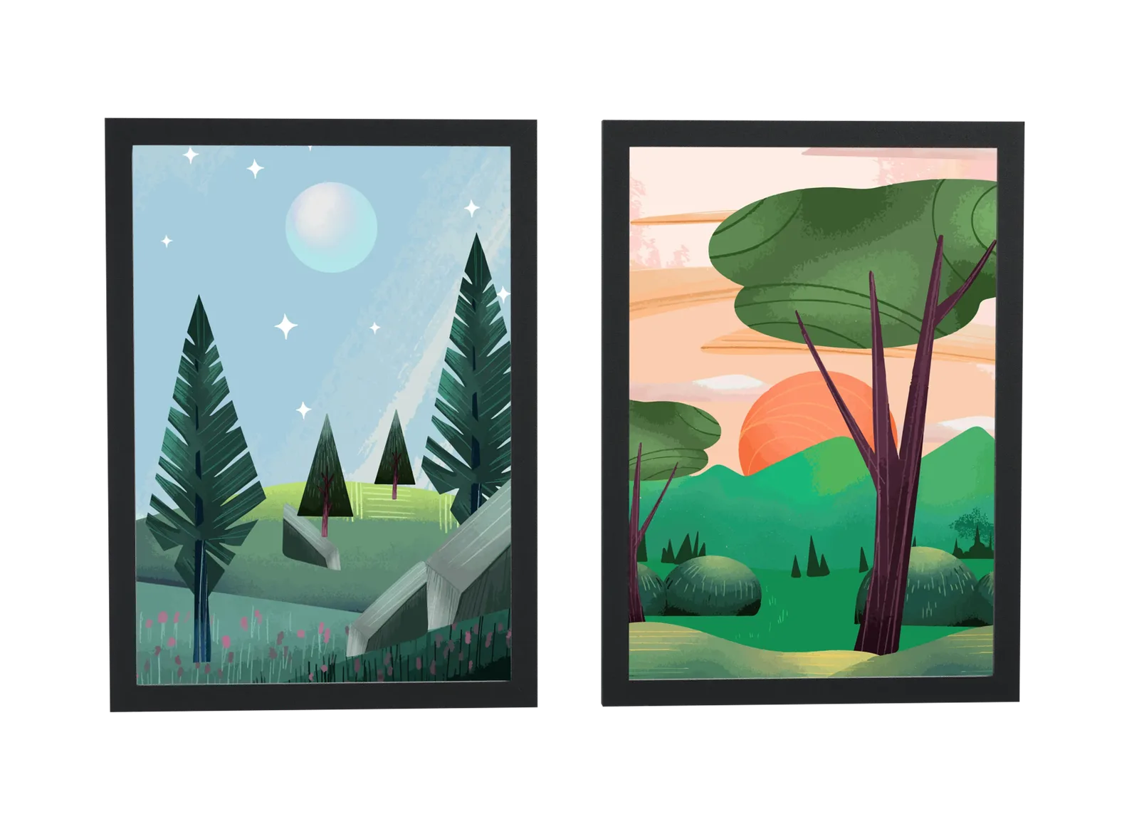 Dupla de floresta à noite e ao entardecer