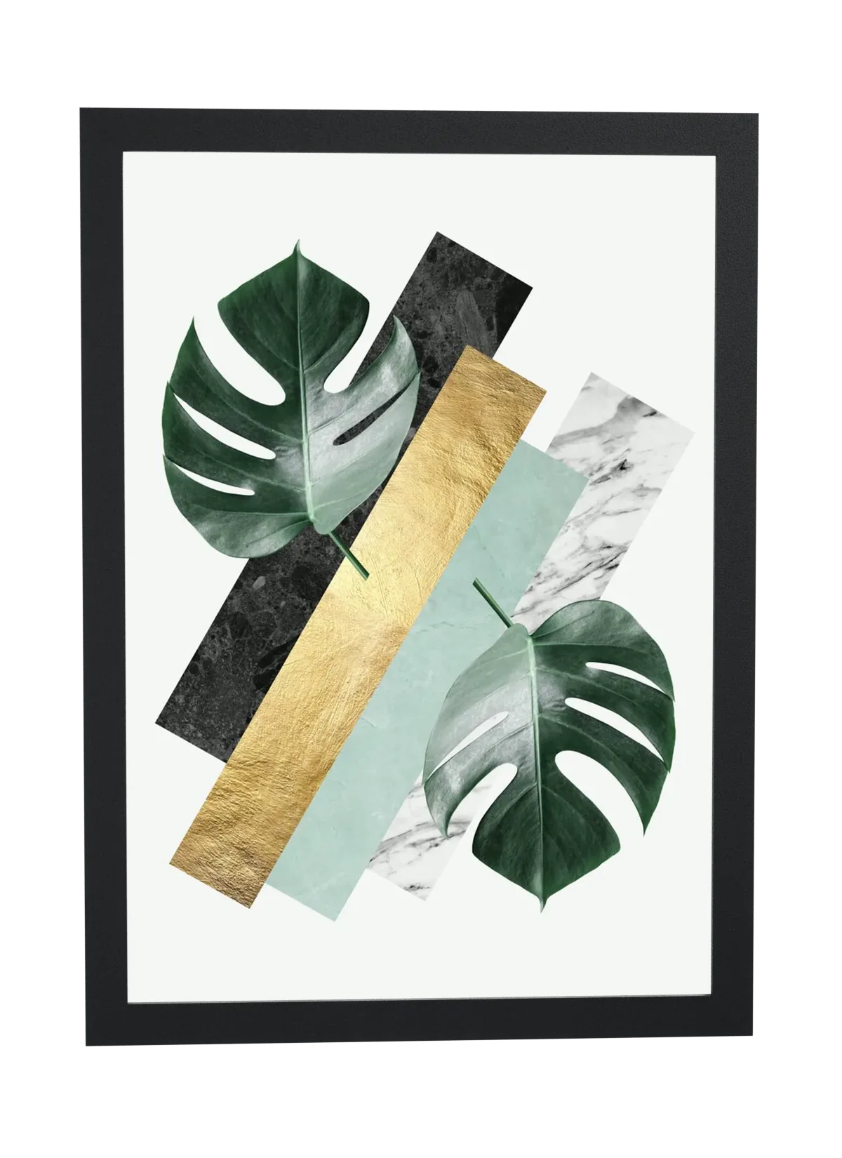 Colagem geométrica com folhas de monstera