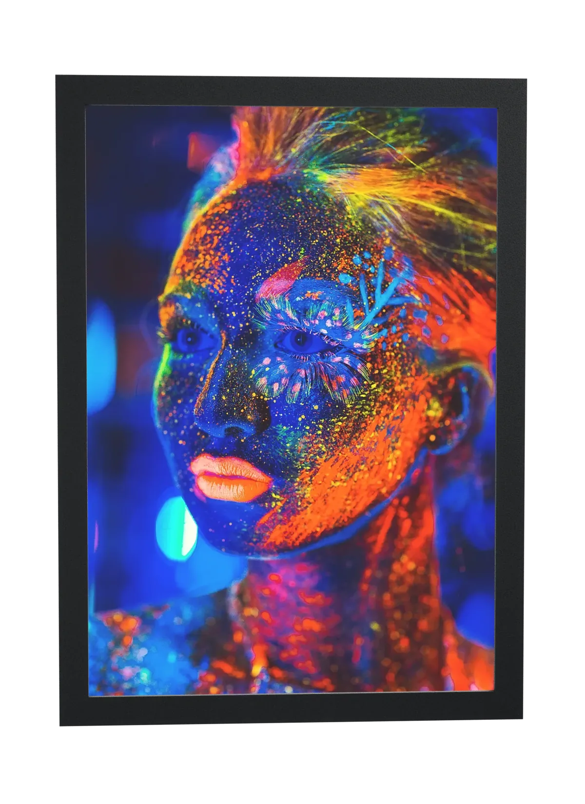 Rosto com pintura neon colorida