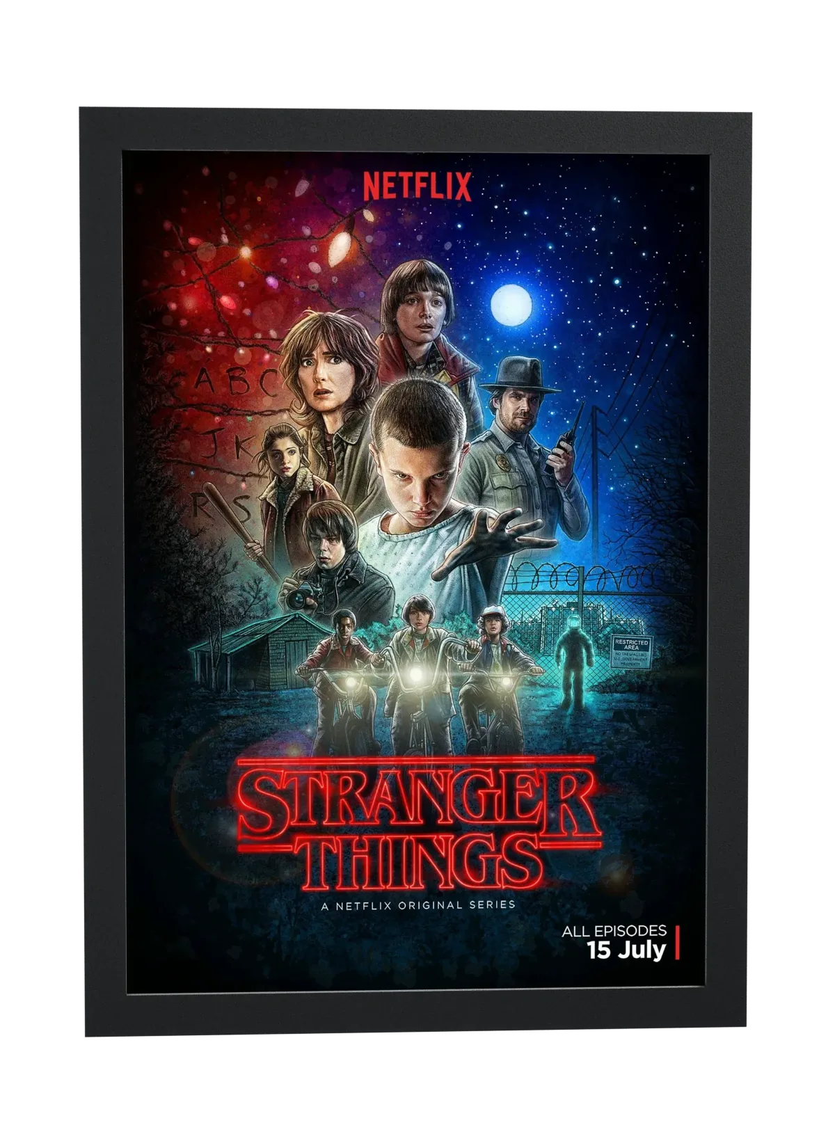 Stranger Things (2016): grupo em pôster retrô